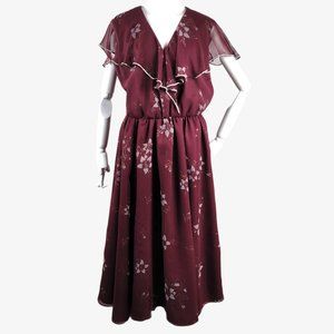 Vintage 1970s Romantic Sheer Ruffle Dress Burgundy Floral Rhinestone Trim Disco